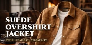 Suede Overshirt Jacket: A Perfect Blend of Style & Comfort Brown suede overshirt jacket on a hanger with white inner shirt, text reading ‘Suede Overshirt Jacket’ and ‘Style • Comfort • Versatility’.