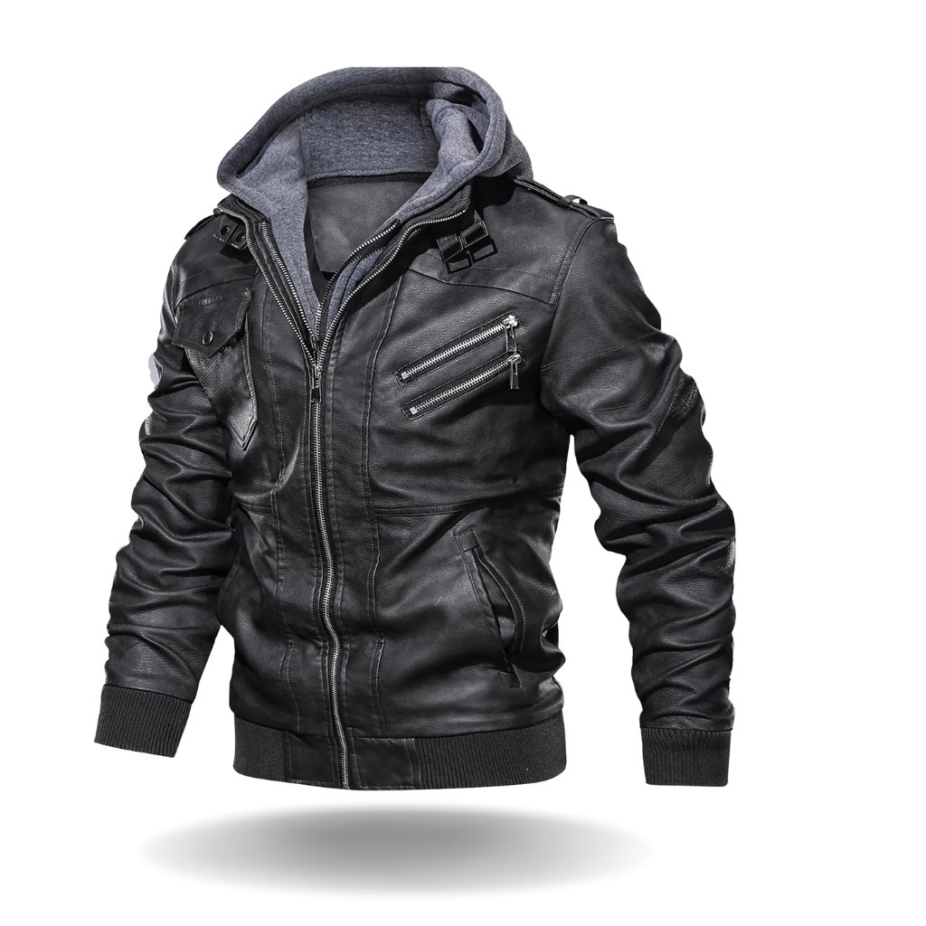 Hooded Leather Jacket: Perfect Blend of Fashion and Function 5 A black hooded leather jacket with a gray hoodie liner visible around the collar, featuring zippered pockets and ribbed cuffs and hem.