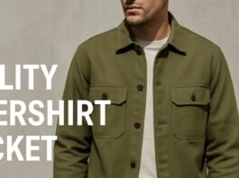 A man wearing an olive green utility overshirt jacket with two chest pockets, standing against a neutUtility Overshirt Jacket: a versatile, structured layer for everyday style. ral wall.