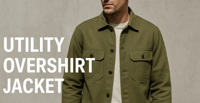 A man wearing an olive green utility overshirt jacket with two chest pockets, standing against a neutUtility Overshirt Jacket: a versatile, structured layer for everyday style. ral wall.