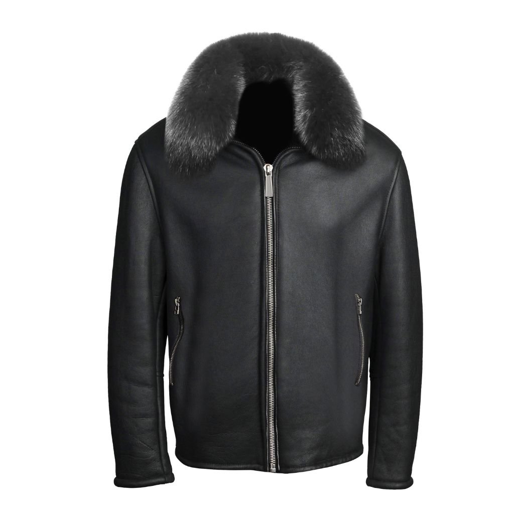 A black leather shearling coat with a thick, plush fur collar, a full front zipper, and zippered side pockets.Men's Premium Shearling Leather Coat