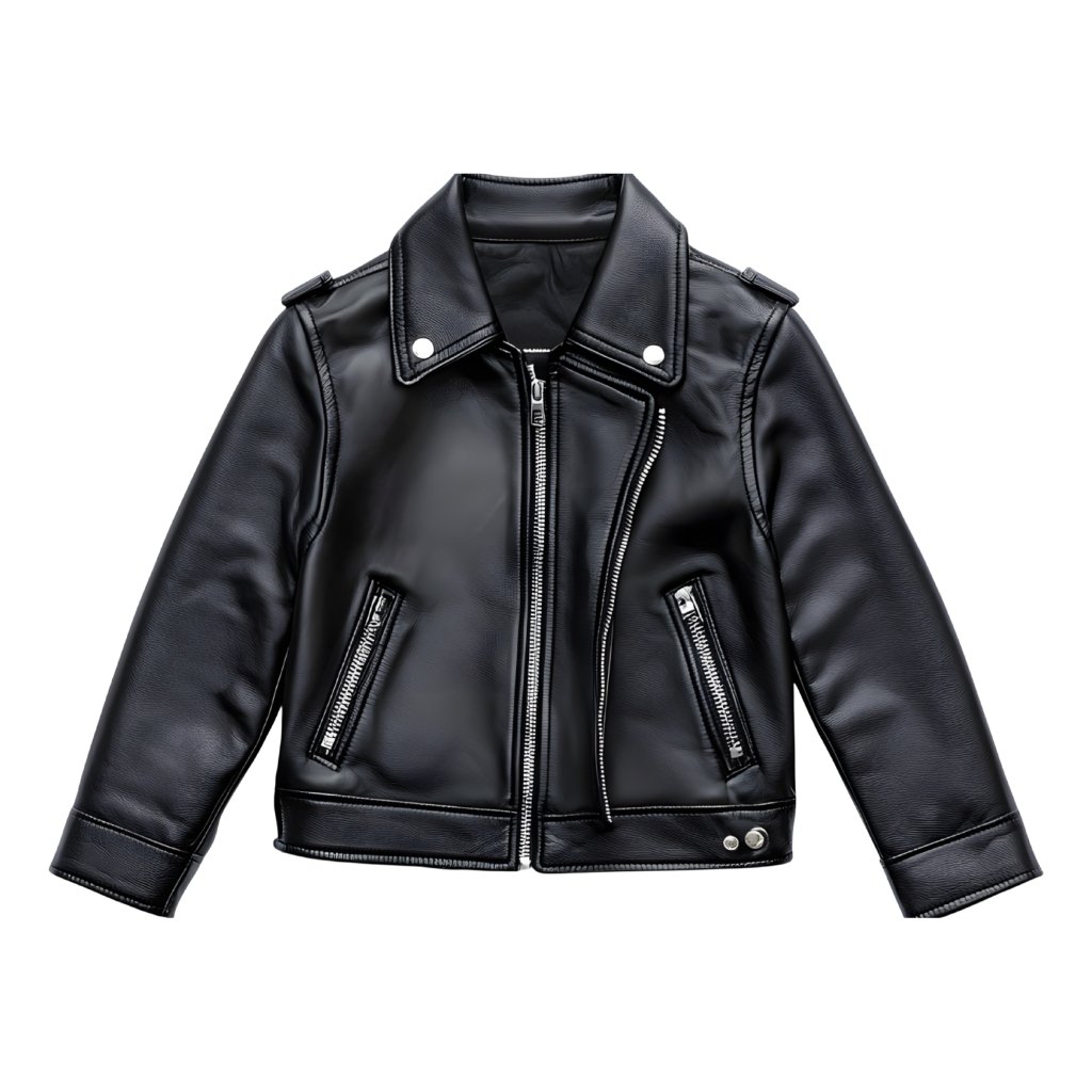 A black, heavy leather motorcycle jacket with a diagonal zip front, two zippered pockets, and metal hardware, crafted from thick leather with reinforced stitching.