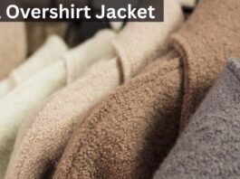 A close-up view of soft, fluffy wool fabrics in a line, featuring shades of cream, beige, brown, and gray. The text “Wool Overshirt Jacket” is overlaid on the top left.