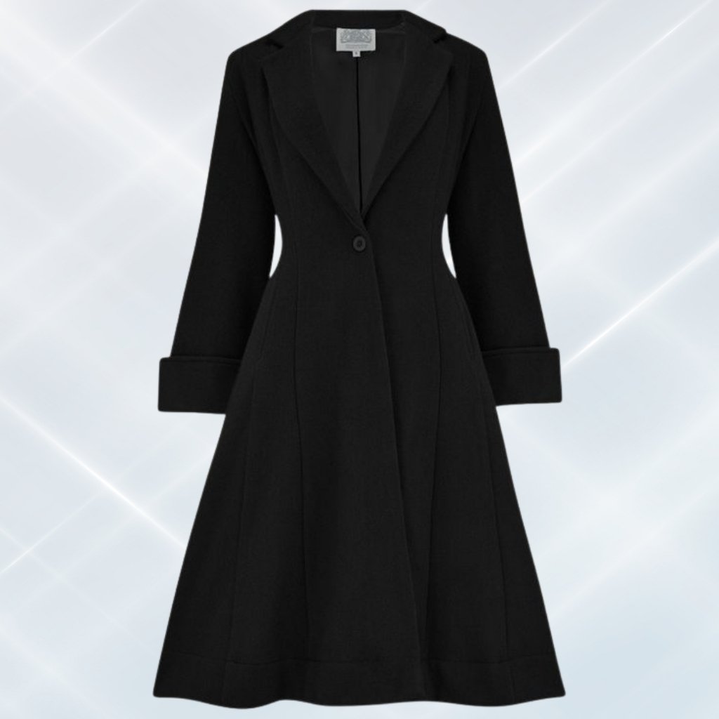  A floor-length black coat with a single-button front, tailored fit, and wide turned-up cuffs on the sleeves.