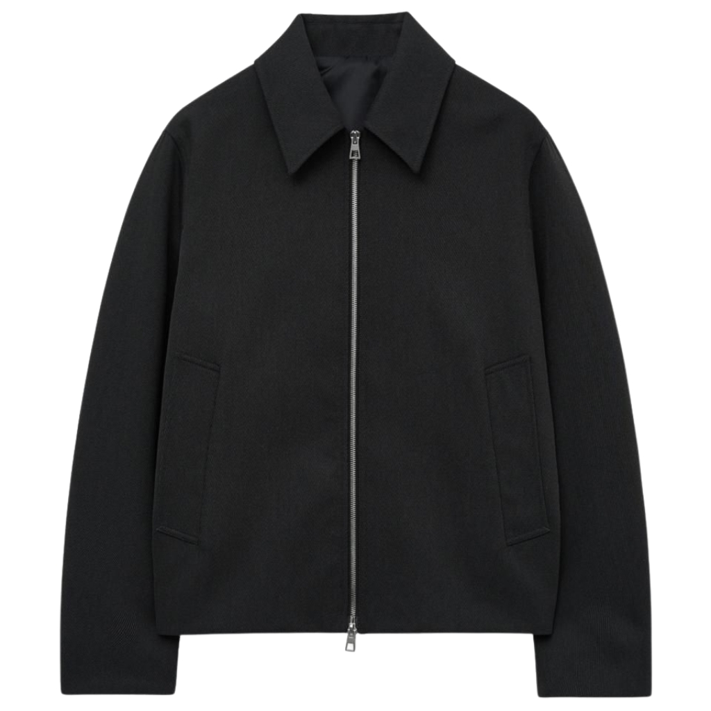 A solid black zip-front jacket with a pointed collar and two front pockets on a white background.