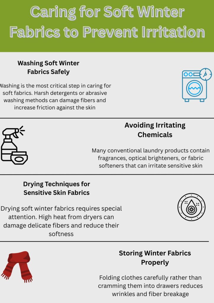 Soft Winter Fabrics for Sensitive Skin: Cozy & Itch-Free Now 11 An infographic titled "Caring for Soft Winter Fabrics to Prevent Irritation" with sections and icons: washing guidance, avoiding irritant chemicals, drying techniques, and storing winter fabrics. Each section includes small illustrations like a washing machine, spray bottle, dryer icon, a circular care symbol, and a scarf.Soft Winter Fabrics for Sensitive Skin: