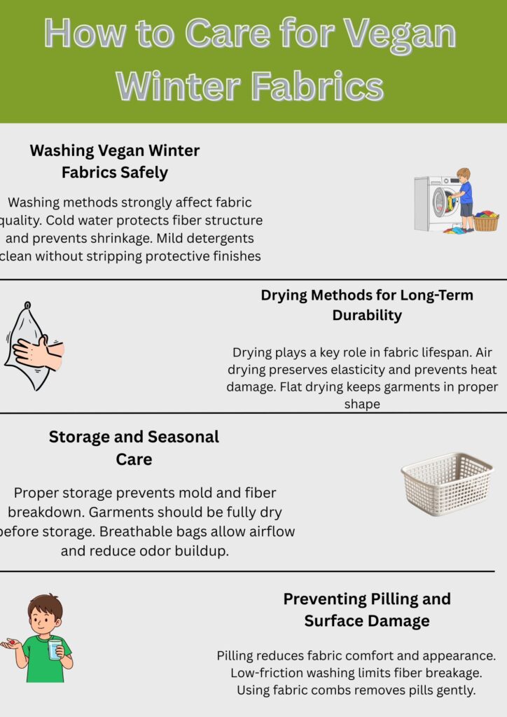 “Infographic titled ‘How to Care for Vegan Winter Fabrics’ with sections on Washing, Drying, Storage and Seasonal Care, and Preventing Pilling. Includes small illustrations of a person washing a machine, a hand with a cloth, a laundry basket, and a child holding a bottle.”
Vegan Winter Fabric Explained:
