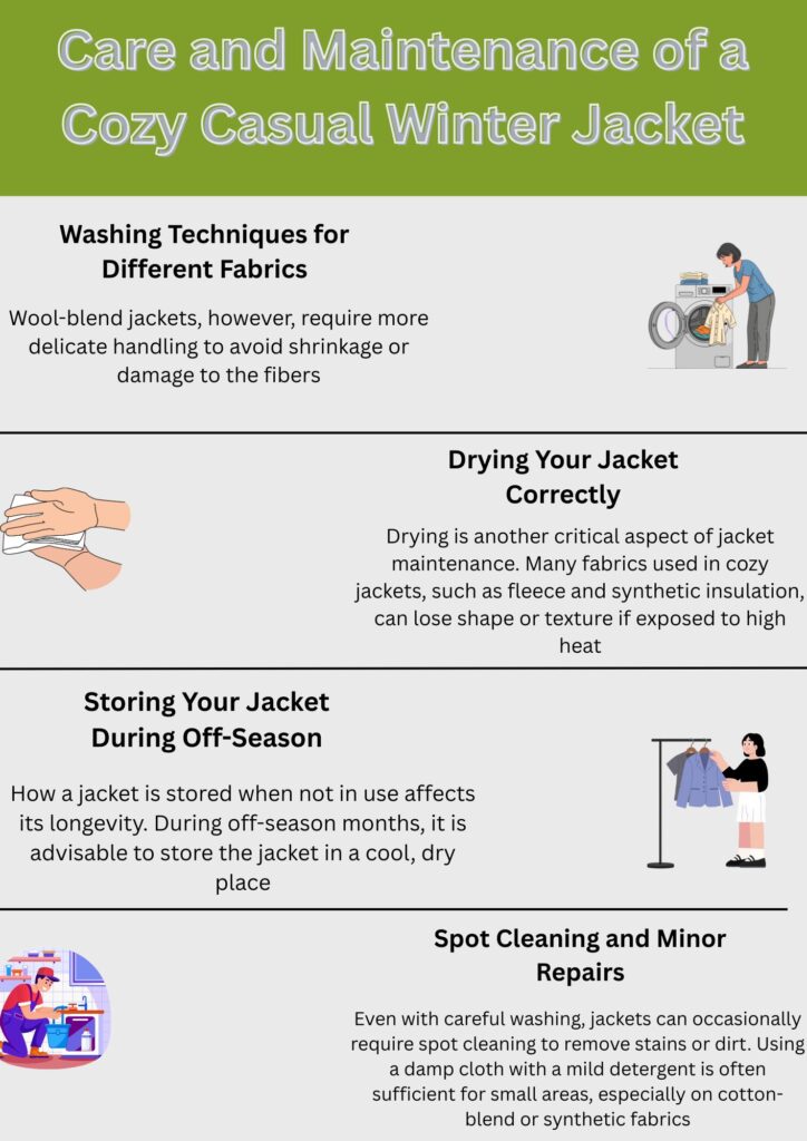 An informational infographic about caring for a cozy casual winter jacket. It covers washing techniques for different fabrics, drying properly, storing off-season, and spot cleaning/minor repairs, with simple illustrations beside each section.

Cozy Casual Winter Jacket:
