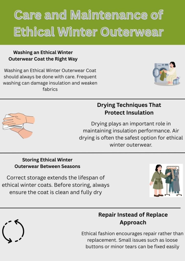 Alt text: An infographic titled “Care and Maintenance of Ethical Winter Outerwear.” It has four sections: Washing an Ethical Winter Outerwear Coat the Right Way, Drying Techniques That Protect Insulation, Storing Ethical Winter Outerwear Between Seasons, and Repair Instead of Replace Approach. Each section includes a short description and a small illustration.
Ethical Winter Outerwear Coat:
