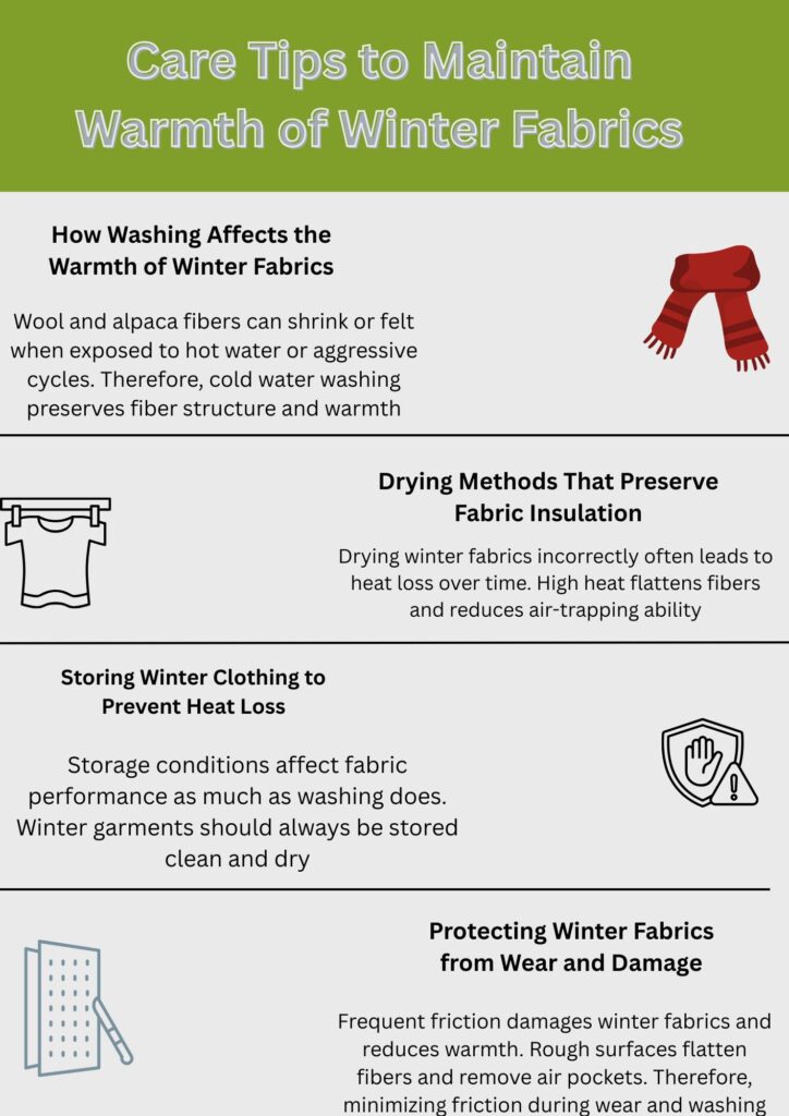 An infographic titled “Care Tips to Maintain Warmth of Winter Fabrics” with a green header. The layout contains five sections separated by horizontal lines. Section 1 discusses how washing affects warmth and shows a red scarf icon on the right. Section 2 titled “Drying Methods That Preserve Fabric Insulation” notes improper drying can cause heat loss and features a clothing icon. Section 3, “Storing Winter Clothing to Prevent Heat Loss,” mentions storage conditions and includes a shield/hand warning icon on the right. Section 4, “Protecting Winter Fabrics from Wear and Damage,” has a blue tile/patch icon on the left and text about reducing friction. The overall design uses light gray backgrounds with black headings.
Warmest Fabrics for Winter Clothing:
