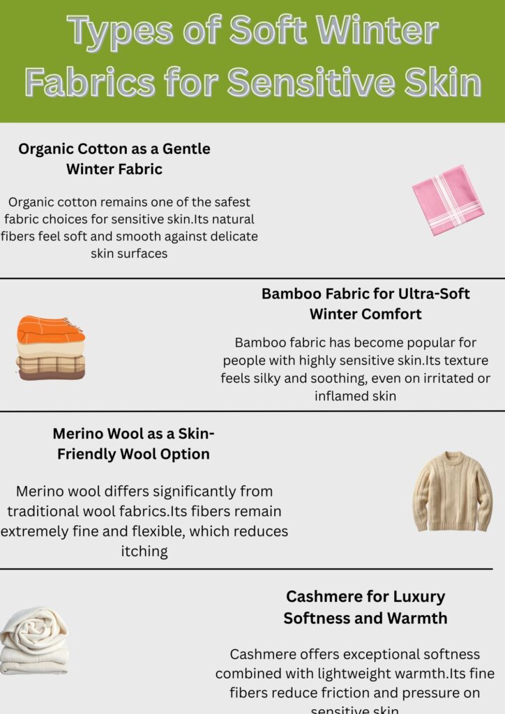 Soft Winter Fabrics for Sensitive Skin: Cozy & Itch-Free Now 8 An infographic titled "Types of Soft Winter Fabrics for Sensitive Skin" showing four sections with icons: Organic Cotton, Bamboo Fabric, Merino Wool, and Cashmere. Each section has a short description and a small illustrative image (fabric, sweater, scarf).
Soft Winter Fabrics for Sensitive Skin: