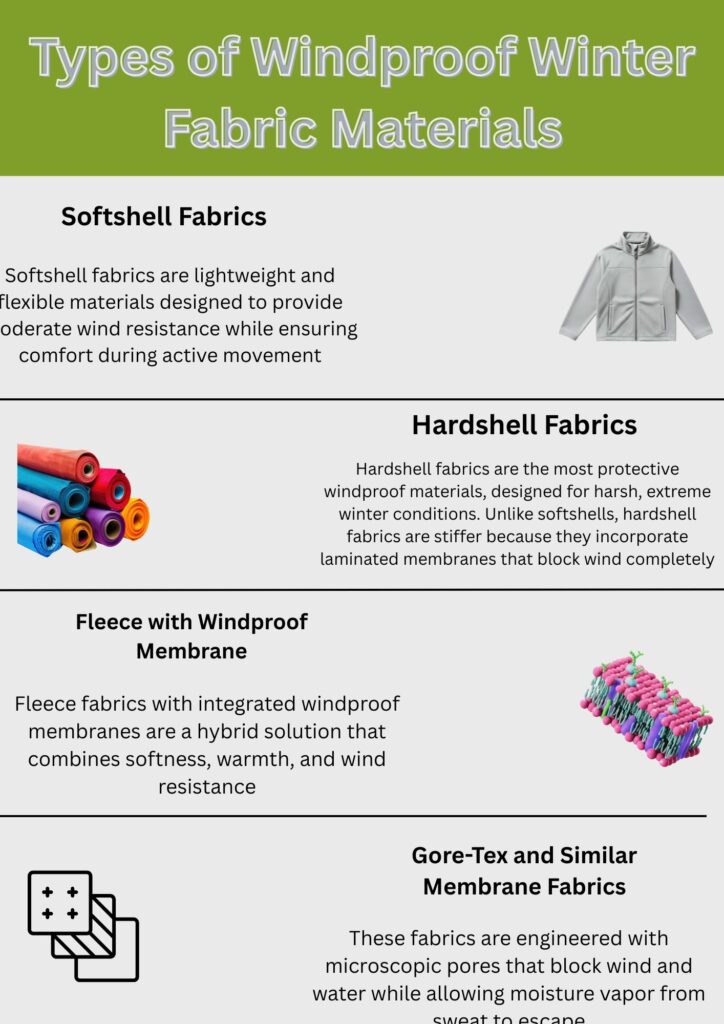 A vertical infographic titled “Care and Maintenance of Windproof Fabrics” with a green header. Sections include: “Washing Tips for Windproof Fabrics” with a washing icon; “Maintaining Membrane and Coating Performance” with a membrane illustration; “Drying and Storage Guidelines” with a clothesline icon; and “Handling Stains and Spot Cleaning” with a stain illustration. Light gray background sections separated by thin black lines.
Windproof Winter Fabric Material Guide: