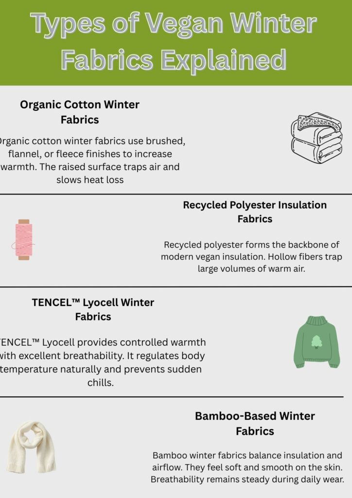 “Infographic titled ‘Types of Vegan Winter Fabrics Explained’ with sections for Organic Cotton Winter Fabrics, Recycled Polyester Insulation Fabrics, TENCEL Lyocell Winter Fabrics, and Bamboo-Based Winter Fabrics. Each section has a brief description and a small illustration (stacked fabrics, spool of thread, sweater, scarf).”

Vegan Winter Fabric Explained: