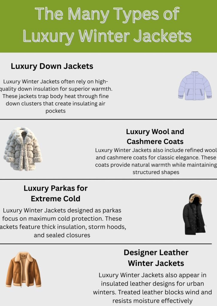 Luxury Winter Jackets: Premium Warmth with Timeless Style 7 An infographic titled “The Many Types of Luxury Winter Jackets” showing four jacket types: Luxury Down Jackets, Luxury Wool and Cashmere Coats, Luxury Parkas for Extreme Cold, and Designer Leather Winter Jackets, each with a brief description and a small illustration on a gray background with a green header.
Luxury Winter Jackets: