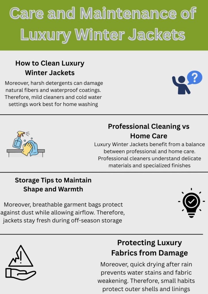Luxury Winter Jackets: Premium Warmth with Timeless Style 9 A vertically arranged infographic about caring for luxury winter jackets. It includes sections: “How to Clean Luxury Winter Jackets,” “Professional Cleaning vs Home Care,” “Storage Tips to Maintain Shape and Warmth,” and “Protecting Luxury Fabrics from Damage,” each with simple icons and short descriptive text on a gray background with a green header.
Luxury Winter Jackets: