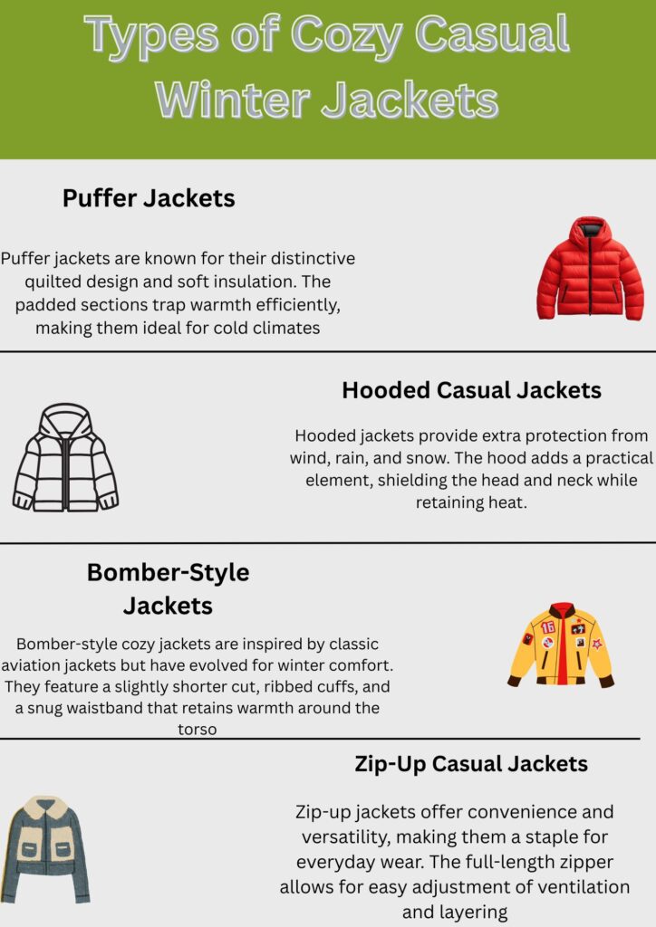 An infographic titled "Types of Cozy Casual Winter Jackets" showing four jacket styles: Puffer Jackets, Hooded Casual Jackets, Bomber-Style Jackets, and Zip-Up Casual Jackets, each with a brief description and an illustration.

Cozy Casual Winter Jacket: