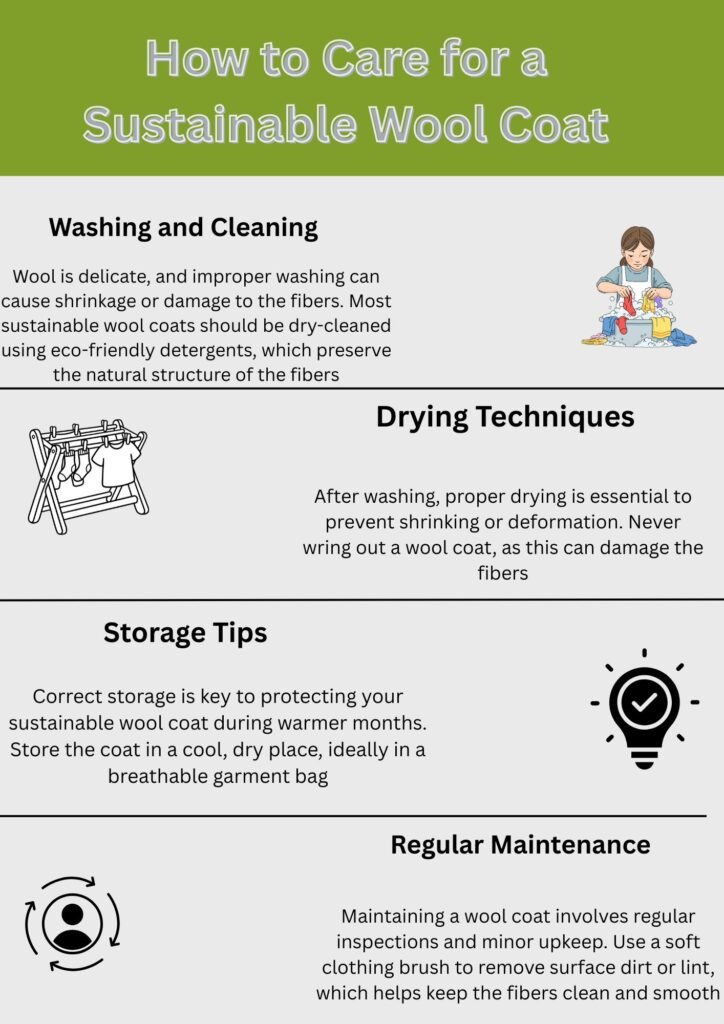 Sustainable Wool Winter Coat: Warmth with a Green Touch Eco 11 Alt text: An infographic titled “How to Care for a Sustainable Wool Coat.” The content sections include Washing and Cleaning, Drying Techniques, Storage Tips, and Regular Maintenance, with simple icons illustrating each section.
Sustainable Wool Winter Coat: