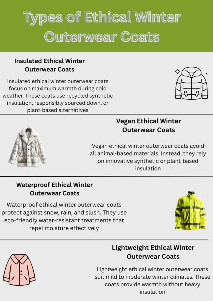 Alt text: An infographic titled “Types of Ethical Winter Outerwear Coats.” It highlights four coat types: Insulated Ethical Winter Outerwear Coats, Vegan Ethical Winter Outerwear Coats, Waterproof Ethical Winter Outerwear Coats, and Lightweight Ethical Winter Outerwear Coats, each with a short description and a small illustration of the coat style.

Ethical Winter Outerwear Coat: