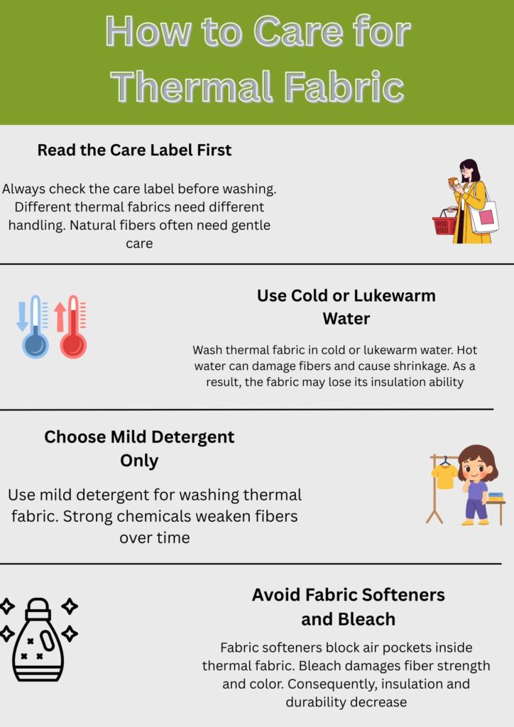 What Is Thermal Fabric? Features, Uses, and Buying Tips 13 Infographic titled ‘How to Care for Thermal Fabric’ with sections on Read the Care Label First, Use Cold or Lukewarm Water, Choose Mild Detergent Only, and Avoid Fabric Softeners and Bleach, each with icons and illustrations.”What Is Thermal Fabric?