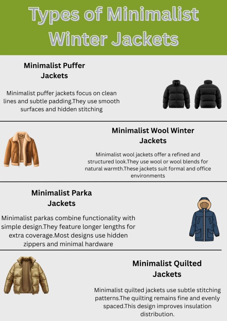 An infographic titled "Types of Minimalist Winter Jackets" showing four jacket styles with brief descriptions and small illustrations.Minimalist Winter Jackets: