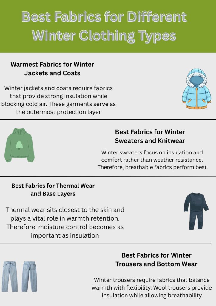 An infographic titled “Best Fabrics for Different Winter Clothing Types” on a green header. The content is divided into four sections with horizontal dividers. Section 1 shows a blue winter parka on the right and text about jackets and coats providing strong insulation. Section 2 features a green sweater icon and text about sweaters and knitwear prioritizing insulation and comfort. Section 3 has a navy base layer icon and text about thermal wear and base layers being close to the skin and important for warmth. Section 4 displays light blue jeans on the left and text about trousers and bottom wear balancing warmth with flexibility.
Warmest Fabrics for Winter Clothing: