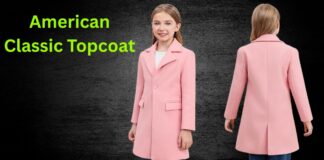 American Classic Topcoat: Timeless Style & Winter Elegance A young girl wearing a long pink coat, shown from the front and back against a dark background. American Classic Topcoat