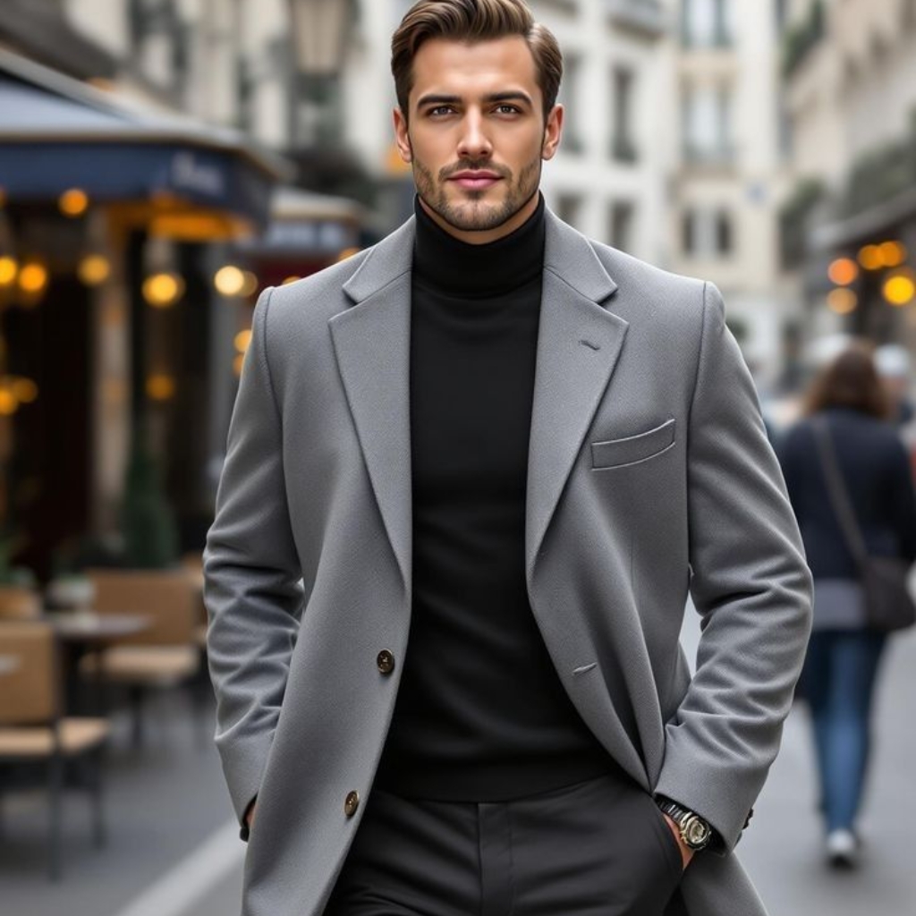 A stylish man in a light gray overcoat and black turtleneck walks down a city street, hands in pockets, with blurred cafe seating in the background.