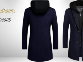 Two navy blue coats displayed side by side: a knee-length hooded coat with a black hood on the left, and a longer coat with a hood and zip details on the right, set against a light gradient background. Boardroom Topcoat