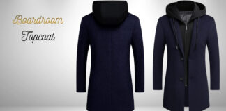 Boardroom Topcoat The Ultimate Power Layer for Professionals Two navy blue coats displayed side by side: a knee-length hooded coat with a black hood on the left, and a longer coat with a hood and zip details on the right, set against a light gradient background. Boardroom Topcoat