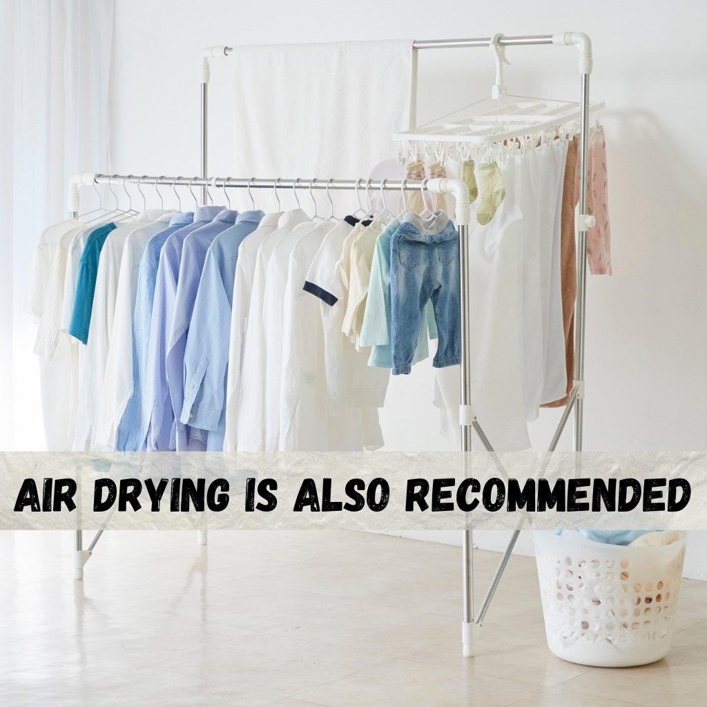 Canvas Overshirt Jacket: Durable Style for Everyday Wear 6 A clothes drying rack with shirts, pants, and small clothes hanging on hangers; a laundry basket on the floor; text overlay reading ‘Air drying is also recommended.’