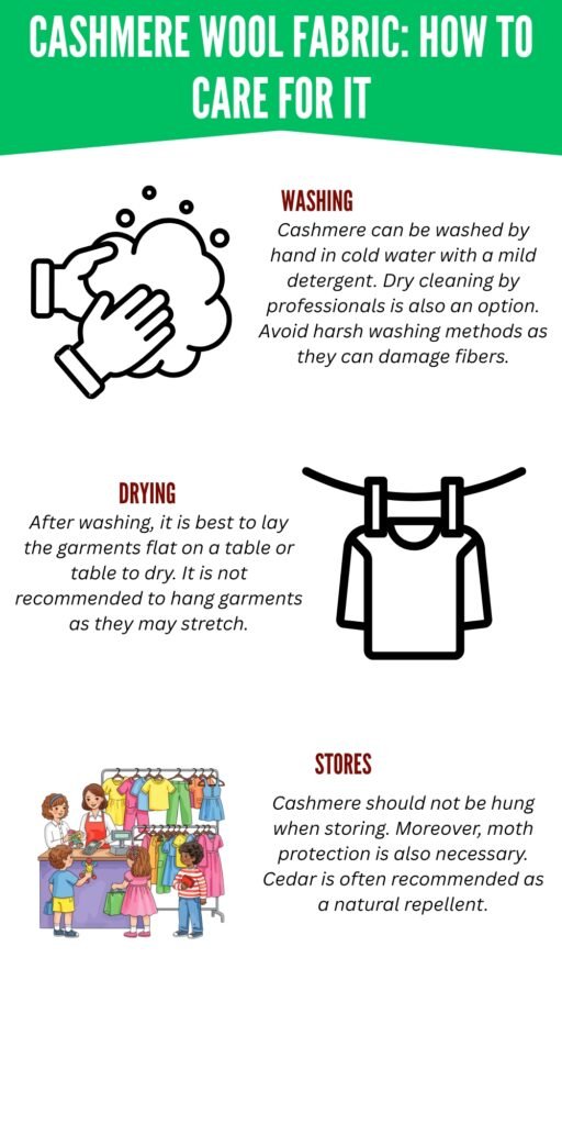 Infographic explaining how to care for cashmere wool fabric, including washing, drying, and proper storage methods, with simple icons and clear instructions.