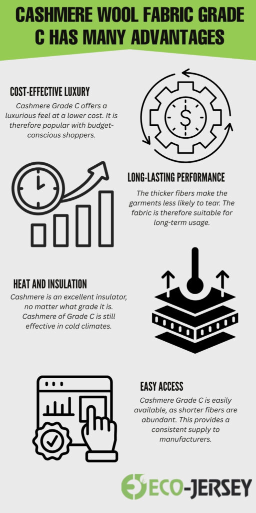 Infographic titled ‘Cashmere Wool Fabric Grade C Has Many Advantages’ with icons for cost-effectiveness, long-lasting performance, heat and insulation, easy access, and Eco-Jersey logo.