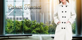 Casual Topcoat A Complete Guide to Effortless Everyday Style A stylish, minimal black-and-white coat on a model stands in a modern glass-walled lobby with a cityscape visible outside. The text “Casual Topcoat” is written across the window. Casual Topcoat