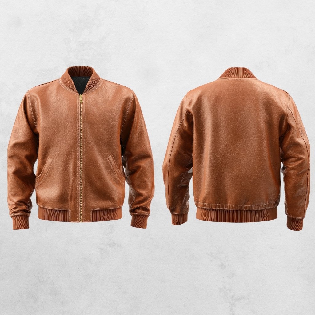 Brown leather bomber jacket shown from the front and back on a light gray background, featuring a zip front, ribbed cuffs and hem, and two front pockets.