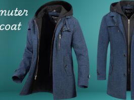 Two blue commuter topcoats displayed on a teal background; one coat is open showing a black inner lining, and the other is closed with a hood. Commuter Topcoat