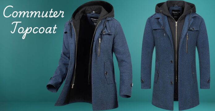 Two blue commuter topcoats displayed on a teal background; one coat is open showing a black inner lining, and the other is closed with a hood. Commuter Topcoat