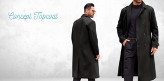 Concept Topcoat Guide: Design, Features, and Styling Tips. Two men wearing a black long topcoat. One man is shown from behind wearing sunglasses, while the other is shown from the waist up with one hand in his pocket. The background is a light gray textured wall; the words 'Concept Topcoat' appear in blue script on the left. Concept Topcoat