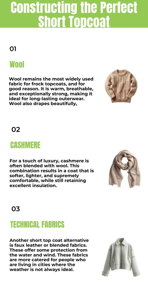 Short Topcoat Stylish Versatile Outerwear for Every Occasion 5 A vertical infographic titled “Constructing the Perfect Short Topcoat.” It highlights three fabric options: 01 Wool with a short sleeve sweater image, 02 Cashmere with a scarf image, and 03 Technical Fabrics with a light green jacket image. Each section includes a bold title in green and a short descriptive paragraph.
