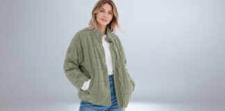 Cozy Jacket for woman – Everyday Comfort Winter-Ready Style A woman wearing an oversized olive-green quilted cozy jacket with large pockets, standing against a neutral background.