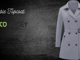 Grey double-breasted trench coat with belt on a dark textured background; text reads 'Crombie Topcoat' and a green 'ECO' logo with partial 'BERSEY' wordmark. Crombie Topcoat