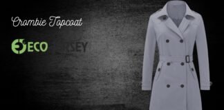 Crombie Topcoat: Timeless Style and Elegant Outerwear Guide Grey double-breasted trench coat with belt on a dark textured background; text reads 'Crombie Topcoat' and a green 'ECO' logo with partial 'BERSEY' wordmark. Crombie Topcoat