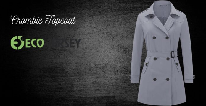 Grey double-breasted trench coat with belt on a dark textured background; text reads 'Crombie Topcoat' and a green 'ECO' logo with partial 'BERSEY' wordmark. Crombie Topcoat