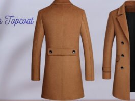 Two camel-colored wool coats displayed on mannequins: one shown from the back with a belt detail, the other shown from the front with a black lining visible and double-breasted buttons. The words 'Crown Topcoat' appear in cursive on the left. Crown Topcoat