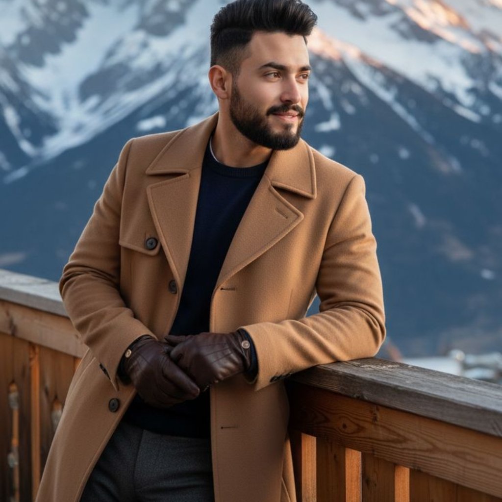 Explorer Topcoat A Perfect Blend of Utility & Sophistication 5 A man with a neatly trimmed beard stands on a wooden balcony in a camel-colored overcoat and dark gloves, looking off to the side with mountains in the background.