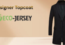 Designer Topcoat: Luxury Style’ Craftsmanship, and Fit Guide Designer black coat displayed to the right with a beige gradient background; text reads 'Designer Topcoat' and a green 'Eco-Jersey' logo on the left. Designer Topcoat