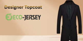 Designer Topcoat: Luxury Style’ Craftsmanship, and Fit Guide Designer black coat displayed to the right with a beige gradient background; text reads 'Designer Topcoat' and a green 'Eco-Jersey' logo on the left. Designer Topcoat
