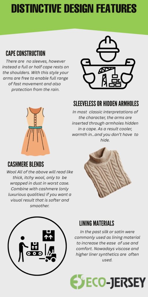 Inverness Cape Coat Distinctive Design Features” with green header and light gray background. It shows illustrations of cape construction, sleeveless or hidden armholes, cashmere blends, and lining materials, along with a small dress illustration and a sweater swatch. The Eco-Jersey logo appears at the bottom right.Inverness Cape Coat