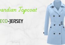 Edwardian Topcoat: Timeless Elegance for Modern Wardrobes. Light blue Edwardian-style trench coat with a belt and double-breasted buttons, shown against a marble background with the words 'Edwardian Topcoat' and a logo that reads Eco-Jersey. Edwardian Topcoat