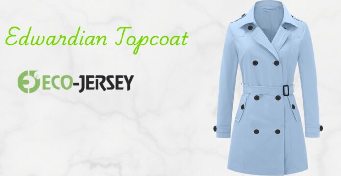 Light blue Edwardian-style trench coat with a belt and double-breasted buttons, shown against a marble background with the words 'Edwardian Topcoat' and a logo that reads Eco-Jersey. Edwardian Topcoat
