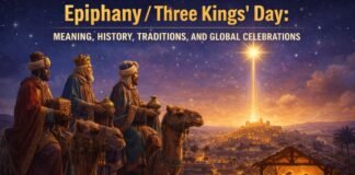 Epiphany /Three Kings Day: Traditions & Global Celebrations A vivid Epiphany/Three Kings Day banner showing three kings riding camels at dusk, bearing gifts as a bright star shines over a desert city in the distance. The title “Epiphany / ‘Three Kings’ Day: Meaning, History, Traditions, and Global Celebrations” appears at the top.